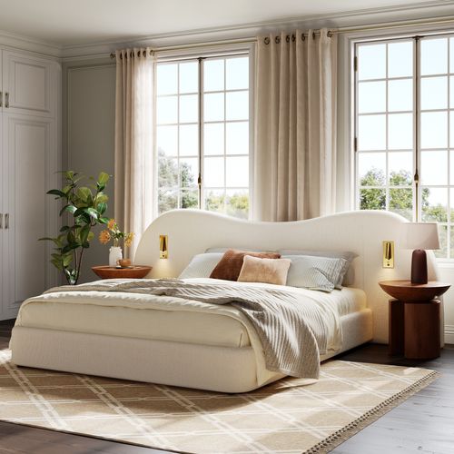 Lit Adulte Coffre 180x200 Cm Avec Rangement, Ports USB, Lampes LED, Tissu Bouclé Blanc