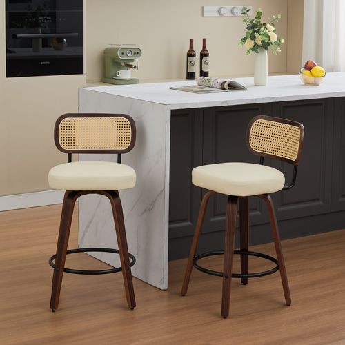 Lot De 2 Tabourets De Bar Pivotants, Pu Beige, Cadre Bois Noyer