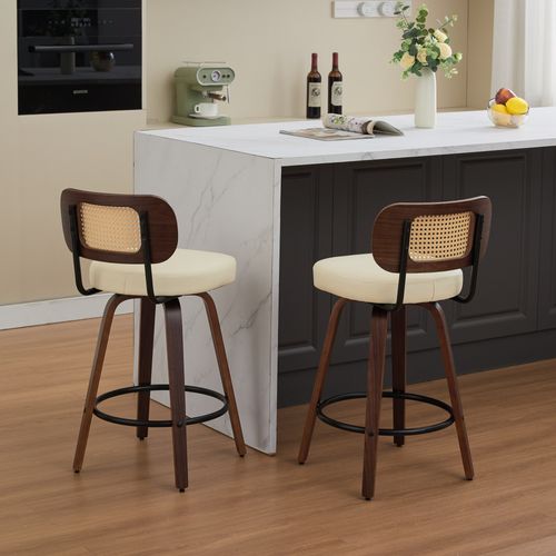 Lot De 2 Tabourets De Bar Pivotants, Pu Beige, Cadre Bois Noyer