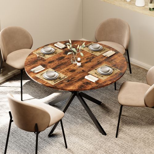 Table à Manger Ronde D.120 Cm Style Industriel Bois Marron Vintage Et Métal Noir