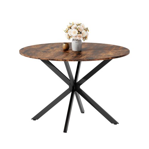 Table à Manger Ronde D.120 Cm Style Industriel Bois Marron Vintage Et Métal Noir