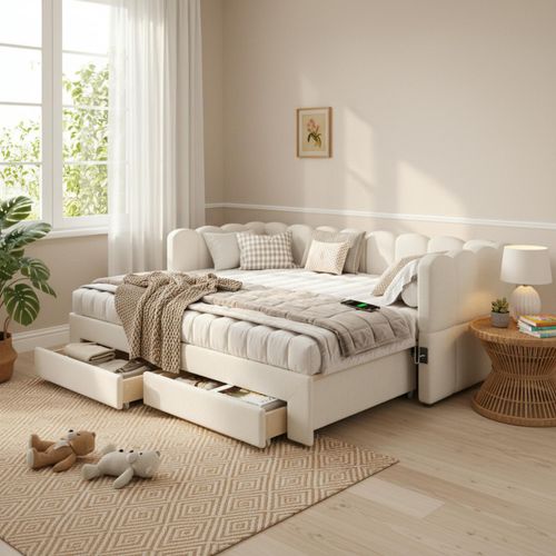 Lit Enfant Gigogne 90/180x190 Cm Extensible Lin Beige Avec 2 Tiroirs, Ports USB/type-c