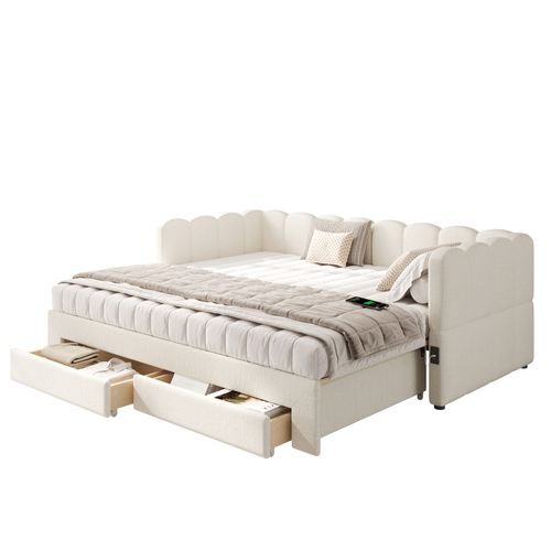 Lit Enfant Gigogne 90/180x190 Cm Extensible Lin Beige Avec 2 Tiroirs, Ports USB/type-c