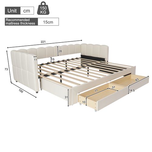 Lit Enfant Gigogne 90x200 Cm Extensible 180x200 Cm Avec 2 Tiroirs, USB/type-c, En Lin Beige