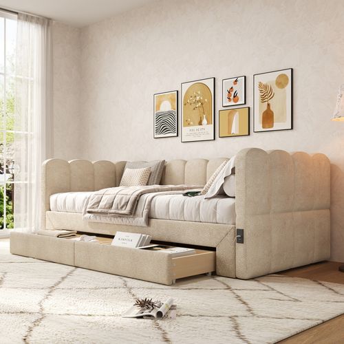 Lit Enfant Gigogne 90x190 Cm Extensible 180x190 Avec 2 Tiroirs, Ports USB/type-c, Chenille Beige