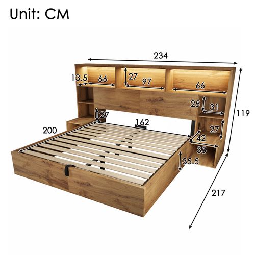 Lit Adulte Coffre 160x200 Cm Bois Chêne Avec LED, Ports USB/type-c, Rangements Et Chevets