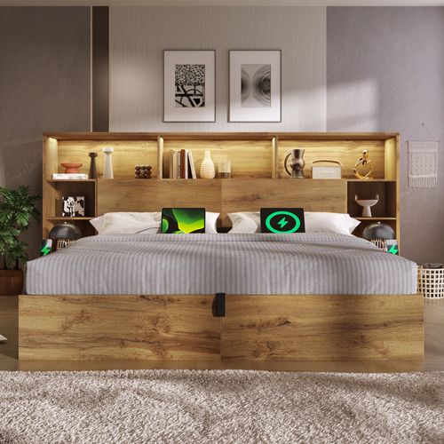 Lit Adulte Coffre 160x200 Cm Bois Chêne Avec LED, Ports USB/type-c, Rangements Et Chevets