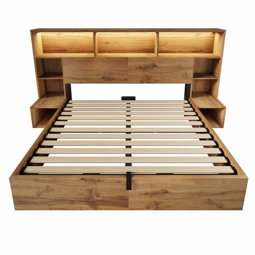 Lit Adulte Coffre 160x200 Cm Bois Chêne Avec LED, Ports USB/type-c, Rangements Et Chevets
