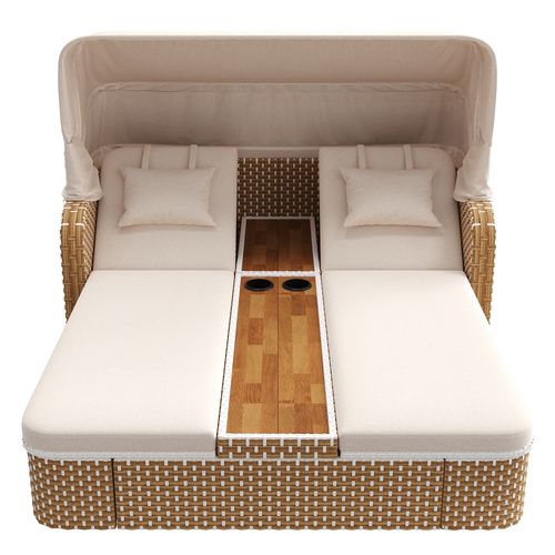 Salon De Jardin Bain De Soleil 2 Places Avec Voile D’ombrage, Métal Beige 192x160x137 Cm