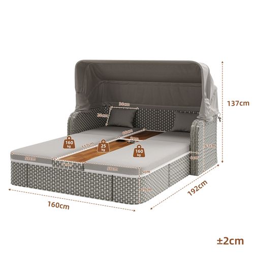 Salon De Jardin Bain De Soleil 2 Places Avec Voile D’ombrage, Rotin Gris 192x160 Cm