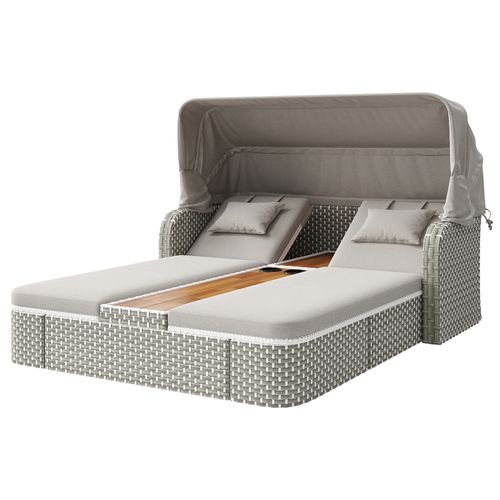 Salon De Jardin Bain De Soleil 2 Places Avec Voile D’ombrage, Rotin Gris 192x160 Cm