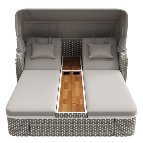 Salon De Jardin Bain De Soleil 2 Places Avec Voile D’ombrage, Rotin Gris 192x160 Cm