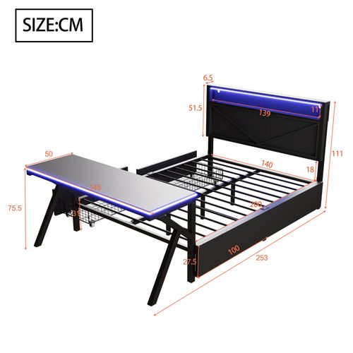 Lit Adulte LED 140x200 Cm 2 Places Avec Bureau Intégré Et 2 Tiroirs, Métal Noir