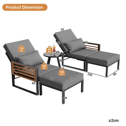 Salon De Jardin Avec Bain De Soleil Modulable 2 à 4 Places En Métal Dossier Réglable Et Table, Gris