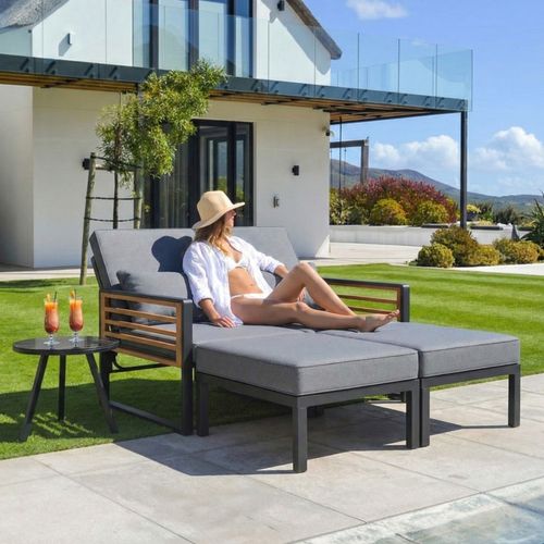 Salon De Jardin Avec Bain De Soleil Modulable 2 à 4 Places En Métal Dossier Réglable Et Table, Gris