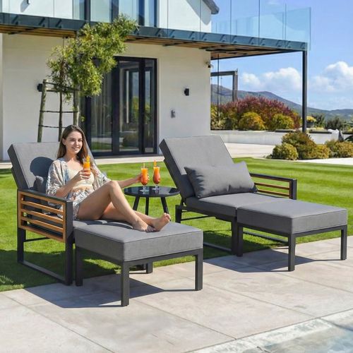 Salon De Jardin Avec Bain De Soleil Modulable 2 à 4 Places En Métal Dossier Réglable Et Table, Gris