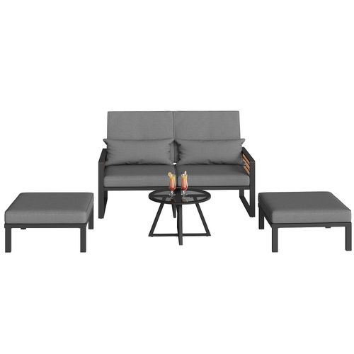 Salon De Jardin Avec Bain De Soleil Modulable 2 à 4 Places En Métal Dossier Réglable Et Table, Gris