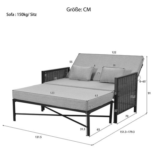 Canapé Convertible De Jardin 2 Places Réglable Avec Repose-pieds Rabattable, Métal Et Tissu Gris