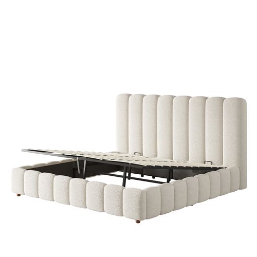 Lit Adulte 180x200 Cm En Tissu Bouclé Blanc Avec Sommier à Lattes Et Coffre De Rangement