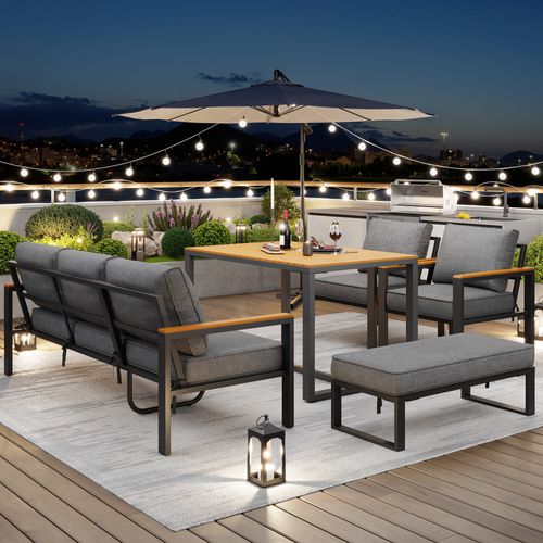 Salon De Jardin Assises 6 à 7 Places En Métal Et Tissu Gris Avec Table 90x58x55 Cm