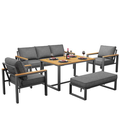 Salon De Jardin Assises 6 à 7 Places En Métal Et Tissu Gris Avec Table 90x58x55 Cm