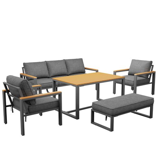 Salon De Jardin Assises 6 à 7 Places En Métal Et Tissu Gris Avec Table 90x58x55 Cm