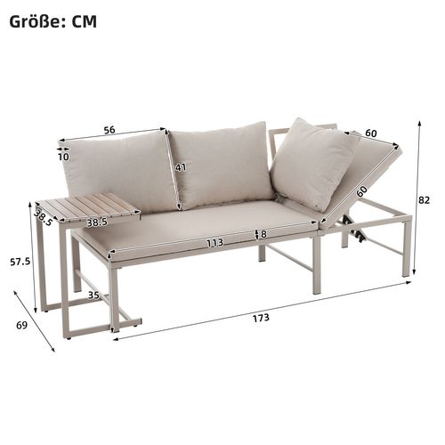 Canapé D'extérieur 3 Places Beige Inclinable 5 Positions Avec Table, Acier Galvanisé
