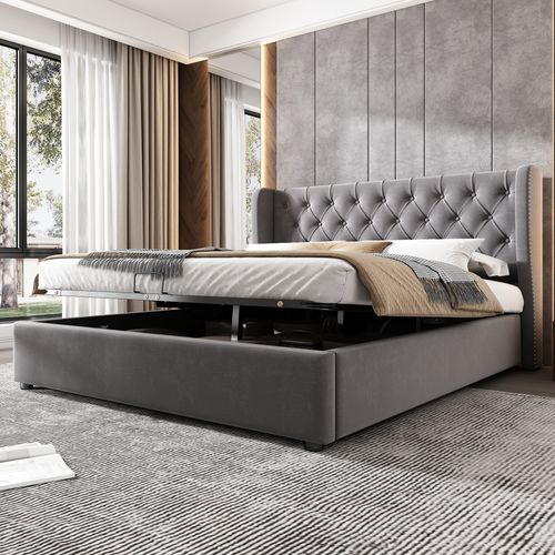 Lit Coffre 140x200 Cm - Lit Double Avec Sommier à Lattes Et Coffre Hydraulique - Velours - Gris