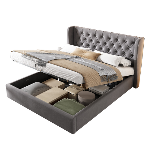 Lit Coffre 140x200 Cm - Lit Double Avec Sommier à Lattes Et Coffre Hydraulique - Velours - Gris