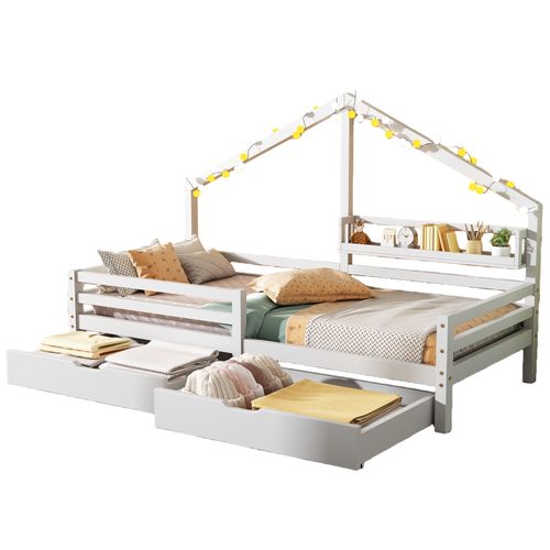 Lit Enfant 90x200 Cm - Avec 2 Tiroirs De Rangement Et Toit Cabane, Bois, Blanc