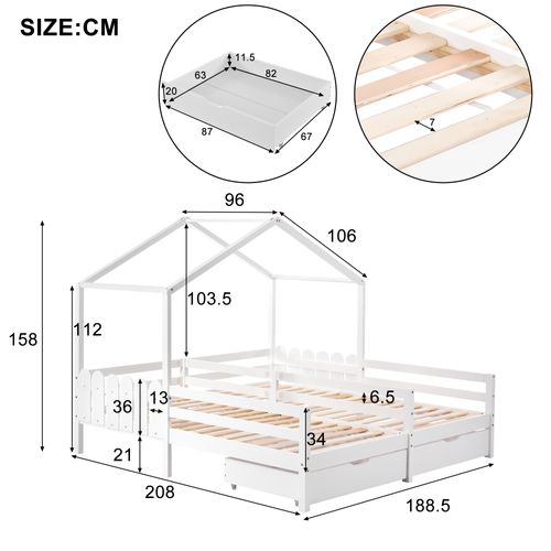 Lit Enfant Cabane 90x200 Cm Avec Toit, Fenêtres, 2 Tiroirs Mdf Avec Roulettes, Cadre En Pin Blanc