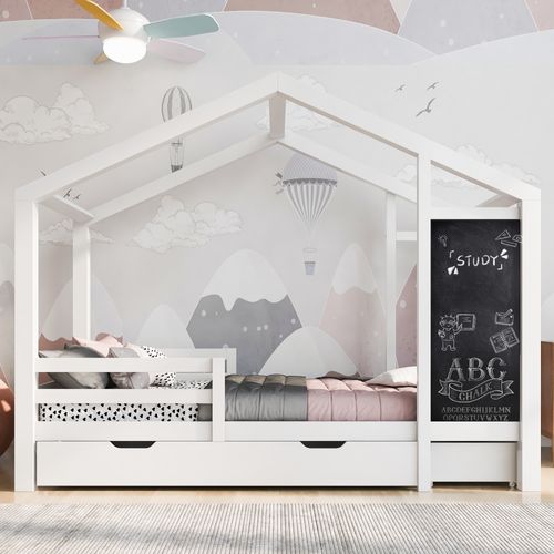 Lit Enfant 90x200 Cm - Lit Cabane Avec Tableau Et 2 Tiroirs, Rangement Pratique, Bois Et Mdf, Blanc