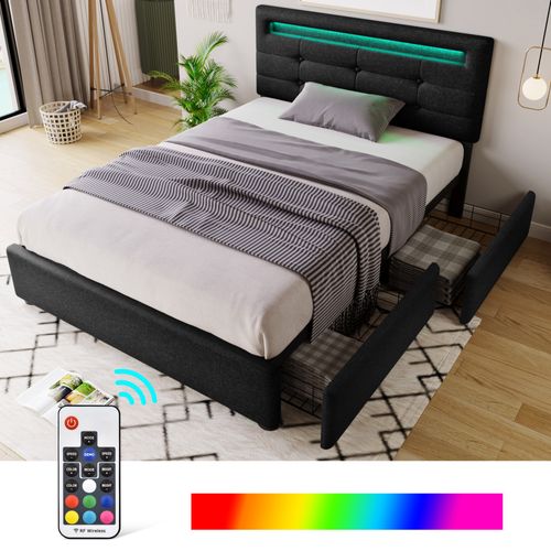 Lit Simple Capitonné 90x200 Cm - Rangement Avec LED Et 2 Tiroirs - Bois + Lin + Métal - Noir