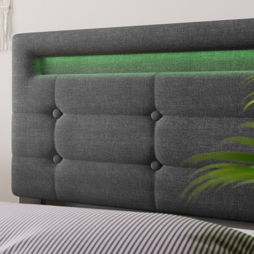 Lit Simple Capitonné 90x200 Cm - Rangement Avec LED Et 2 Tiroirs - Bois + Lin + Métal - Gris