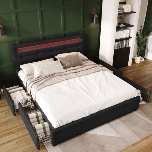 Lit Double Capitonné 140x200 Cm - Rangement 4 Tiroirs Et LED - Bois Massif + Lin + Métal - Noir