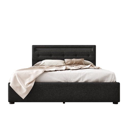 Lit Double Capitonné 140x200 Cm - Rangement 4 Tiroirs Et LED - Bois Massif + Lin + Métal - Noir