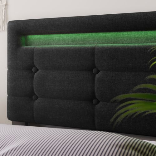 Lit Double Capitonné 140x200 Cm - Rangement 4 Tiroirs Et LED - Bois Massif + Lin + Métal - Noir