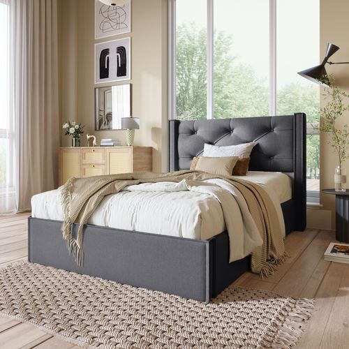 Lit Coffre Simple Capitonné 90x200 Cm - Tête De Lit Et Sommier à Lattes - Bois + Métal - Gris