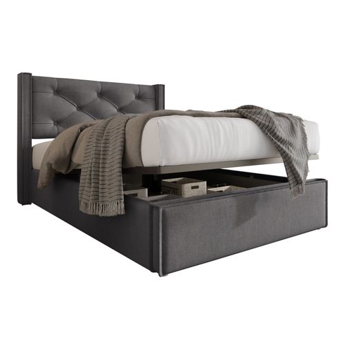 Lit Coffre Simple Capitonné 90x200 Cm - Tête De Lit Et Sommier à Lattes - Bois + Métal - Gris