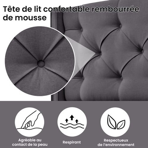 Lit Coffre Simple Capitonné 90x200 Cm - Tête De Lit Et Sommier à Lattes - Bois + Métal - Gris