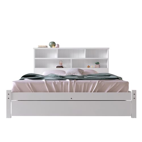 Lit Avec Rangement 140x200 Cm - Lit Double Avec Tiroirs Et Tête De Lit - Pin + Mdf - Blanc