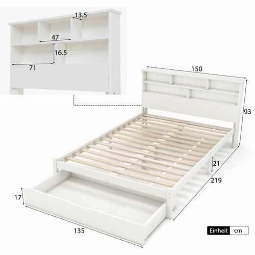 Lit Avec Rangement 140x200 Cm - Lit Double Avec Tiroirs Et Tête De Lit - Pin + Mdf - Blanc