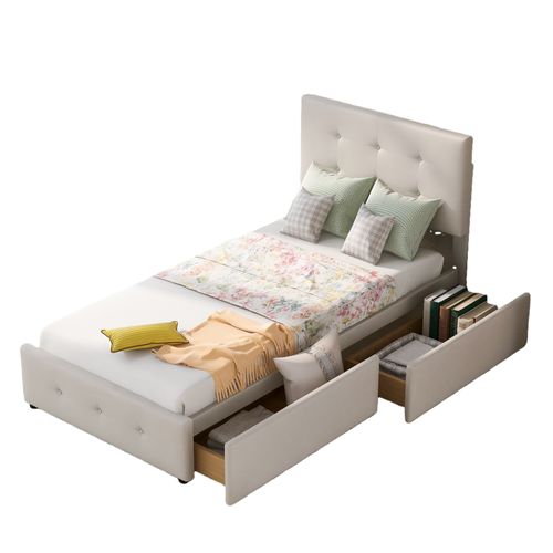 Lit Simple 90x200 Cm - Avec 2 Tiroirs Pratiques, Tissu Velours Doux, Beige