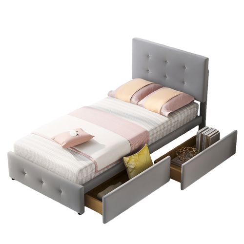 Lit Simple 90x200 Cm - Avec 2 Tiroirs Pratique, Lit Confortable En Velours Gris