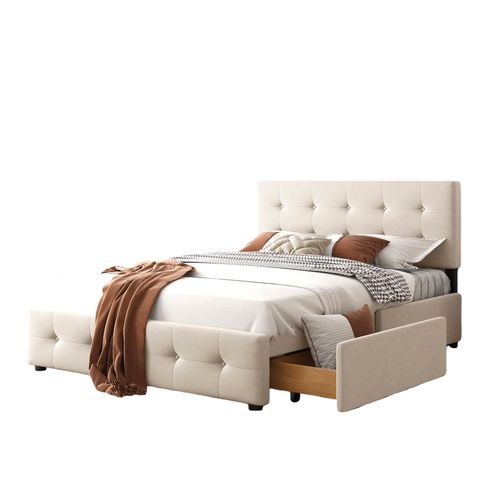 Lit Double 140x200 Cm - Avec 4 Tiroirs, Lit Confortable En Velours, Tête De Lit Rembourrée, Beige