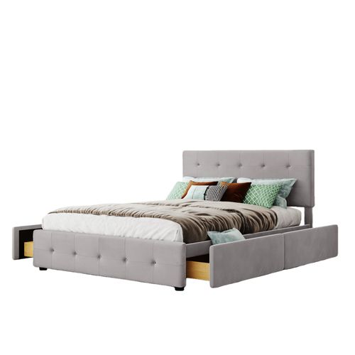 Lit Double 140x200 Cm - Avec 4 Tiroirs, Lit Confortable En Velours, Tête De Lit Rembourrée, Gris