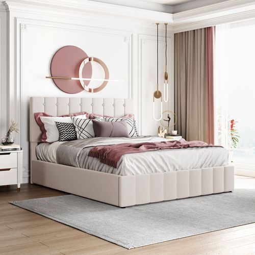 Lit Coffre 140x200 Cm - Lit Avec Rangement Intégré Et Mécanisme Hydraulique, Velours Blanc