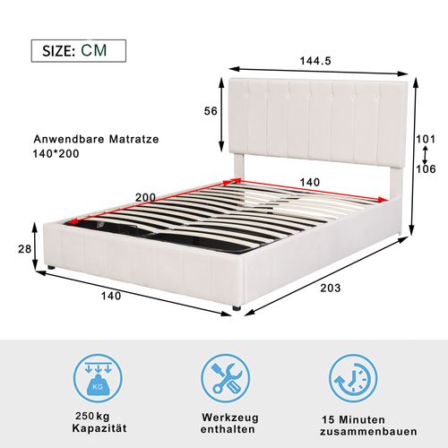Lit Coffre 140x200 Cm - Lit Avec Rangement Intégré Et Mécanisme Hydraulique, Velours Blanc
