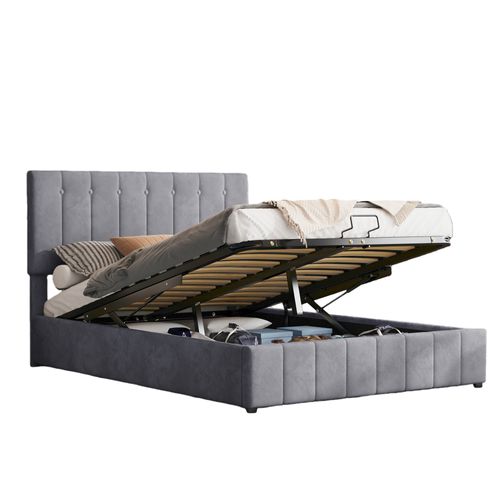 Lit Coffre 140x200 Cm - Lit Coffre Hydraulique Avec Rangement Intégré, Velours Gris