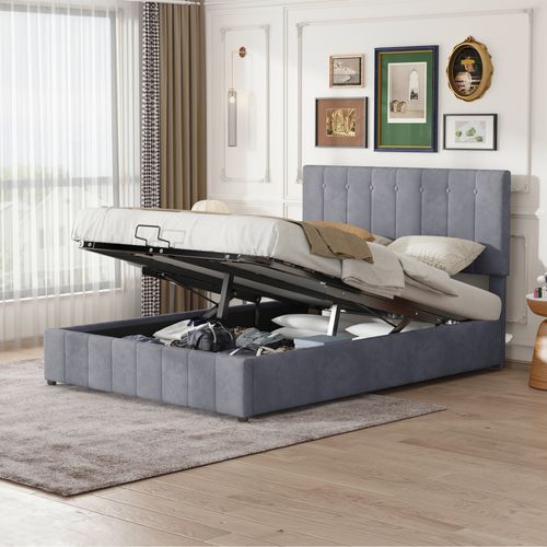 Lit Coffre 140x200 Cm - Lit Coffre Hydraulique Avec Rangement Intégré, Velours Gris